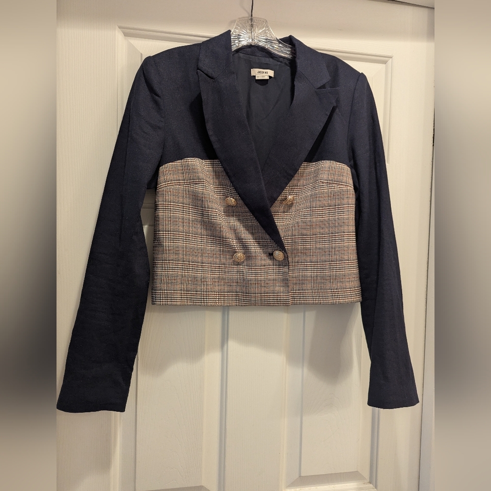 Jason Wu Blazer Navy and Plaid Color Block Crop Jacket Size Small *EUC
